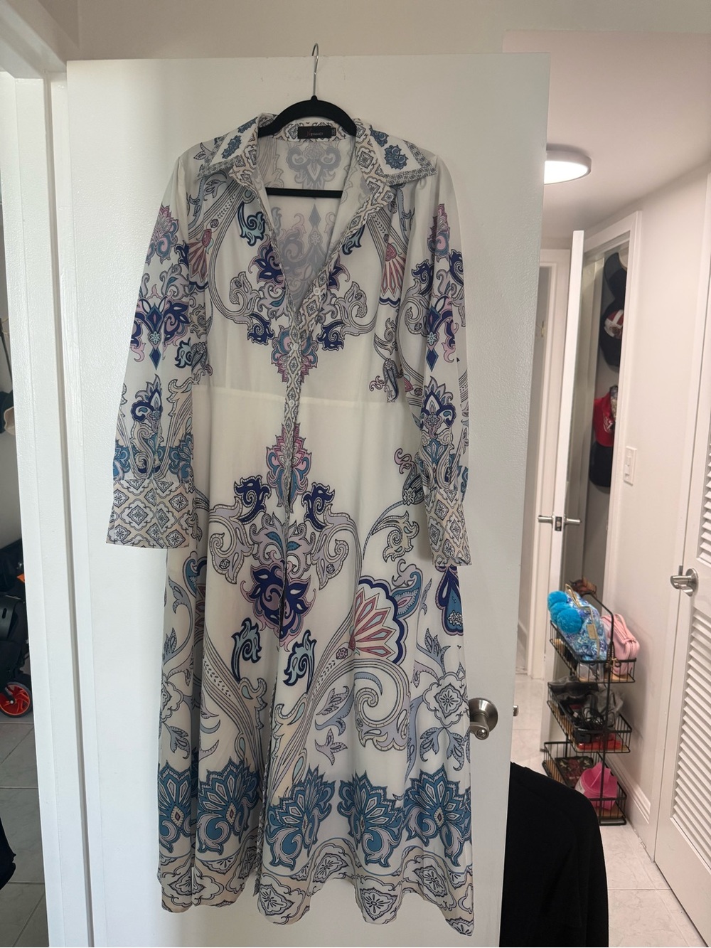 Boho Paisley Maxi Button up Dress in White with Blue & Pink Accents 2XL